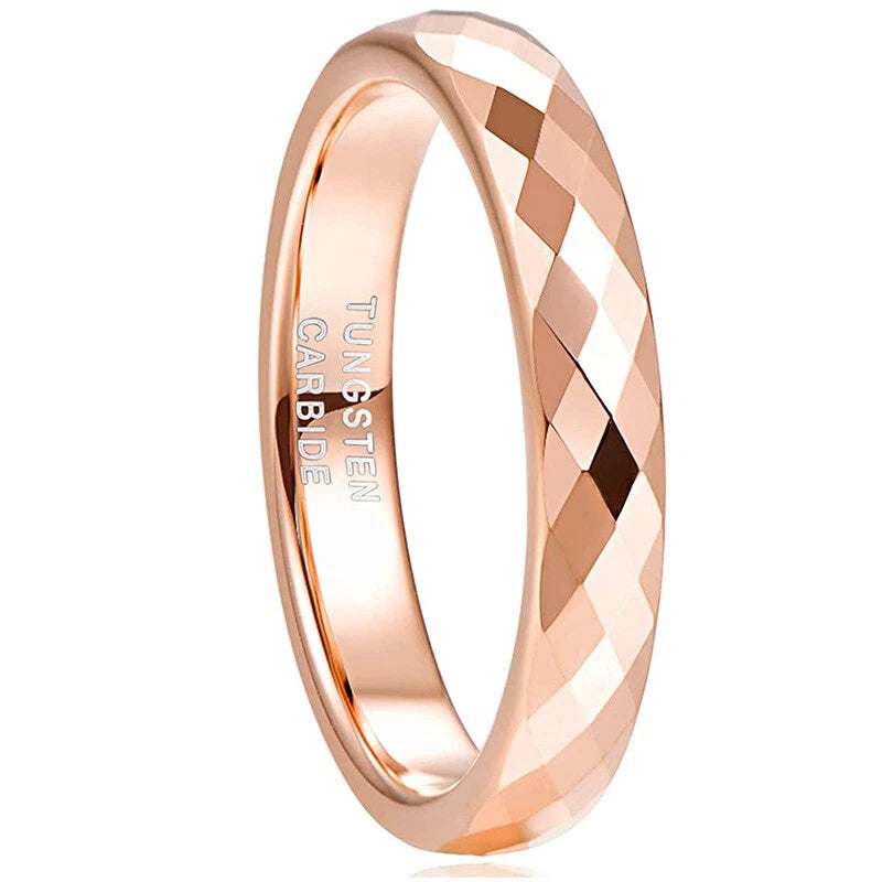 4mm Rose Gold Plated Tungsten Ring for Women – Multi-Faceted Wedding Band, Elegant Stackable Jewelry