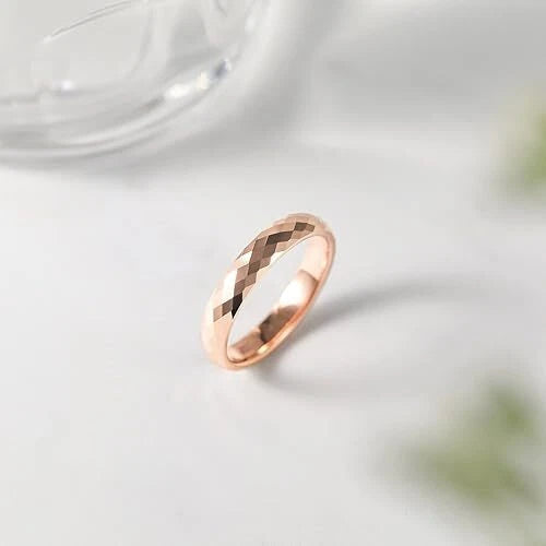4mm Rose Gold Plated Tungsten Ring for Women – Multi-Faceted Wedding Band, Elegant Stackable Jewelry