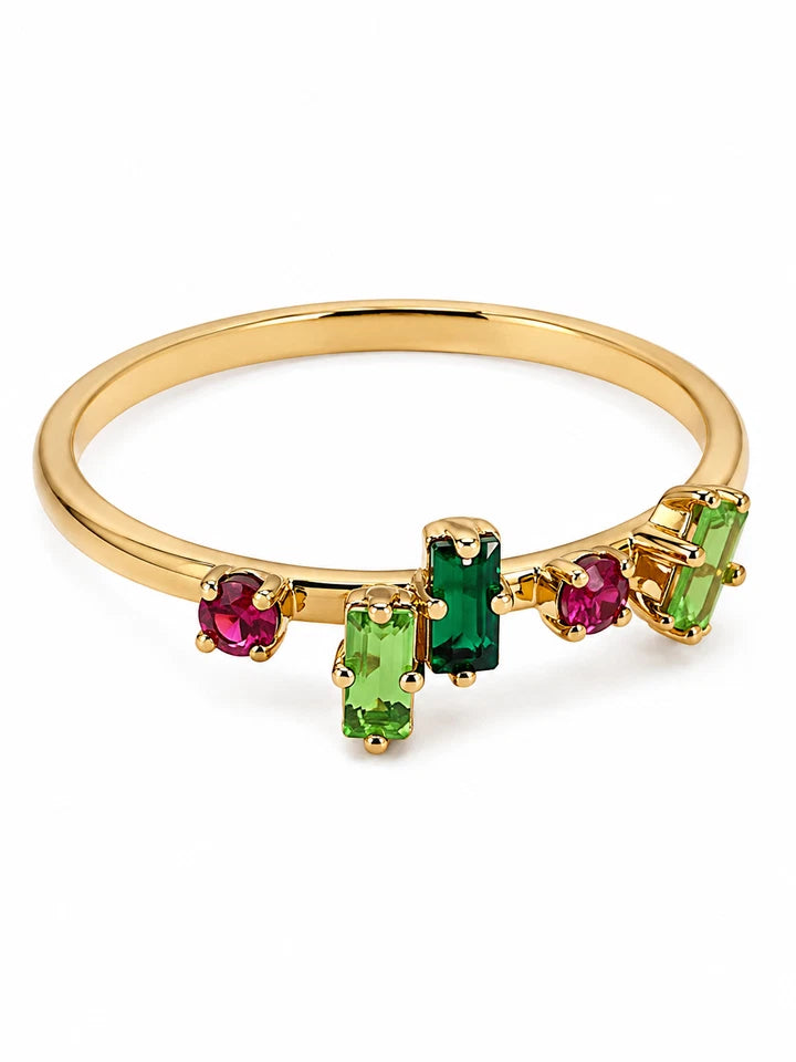 Gold Crystal Stackable Ring for Women – Dainty Fashion Jewelry Pink & Green Gemstone Band Sizes 5.5-7.5