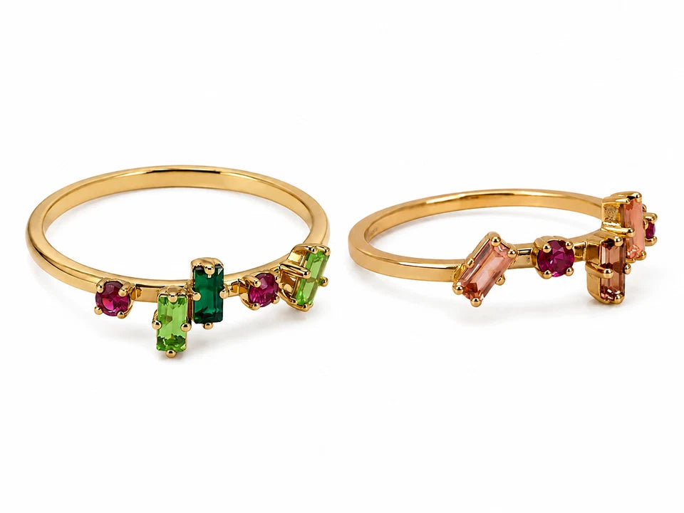 Gold Crystal Stackable Ring for Women – Dainty Fashion Jewelry Pink & Green Gemstone Band Sizes 5.5-7.5