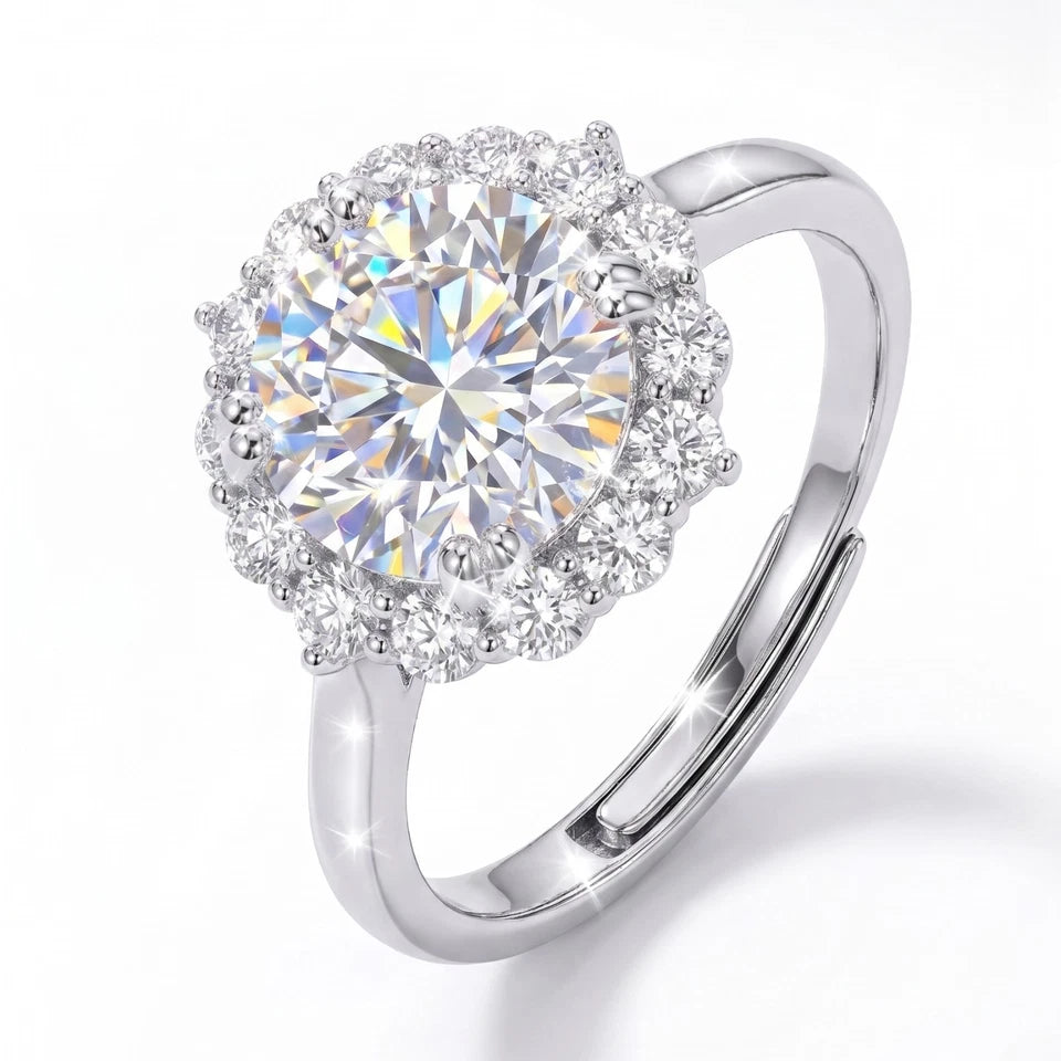 3CT CZ Halo Engagement Ring Silver Tone – Adjustable Promise Ring for Women, Elegant Bridal Jewelry Gift