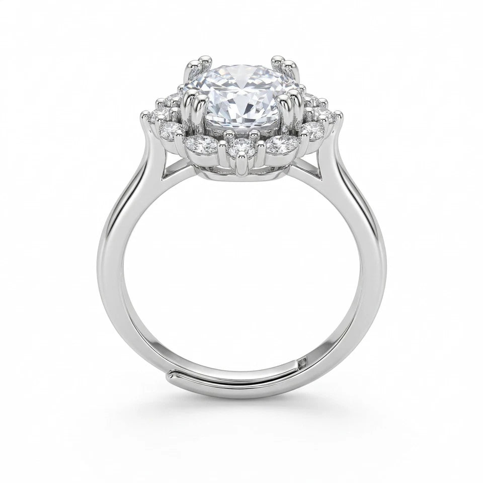 3CT CZ Halo Engagement Ring Silver Tone – Adjustable Promise Ring for Women, Elegant Bridal Jewelry Gift