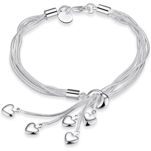 .925 Sterling Silver Five-Line Chain Bracelet with Five Heart Charms – Elegant Women's Love Bracelet Jewelry