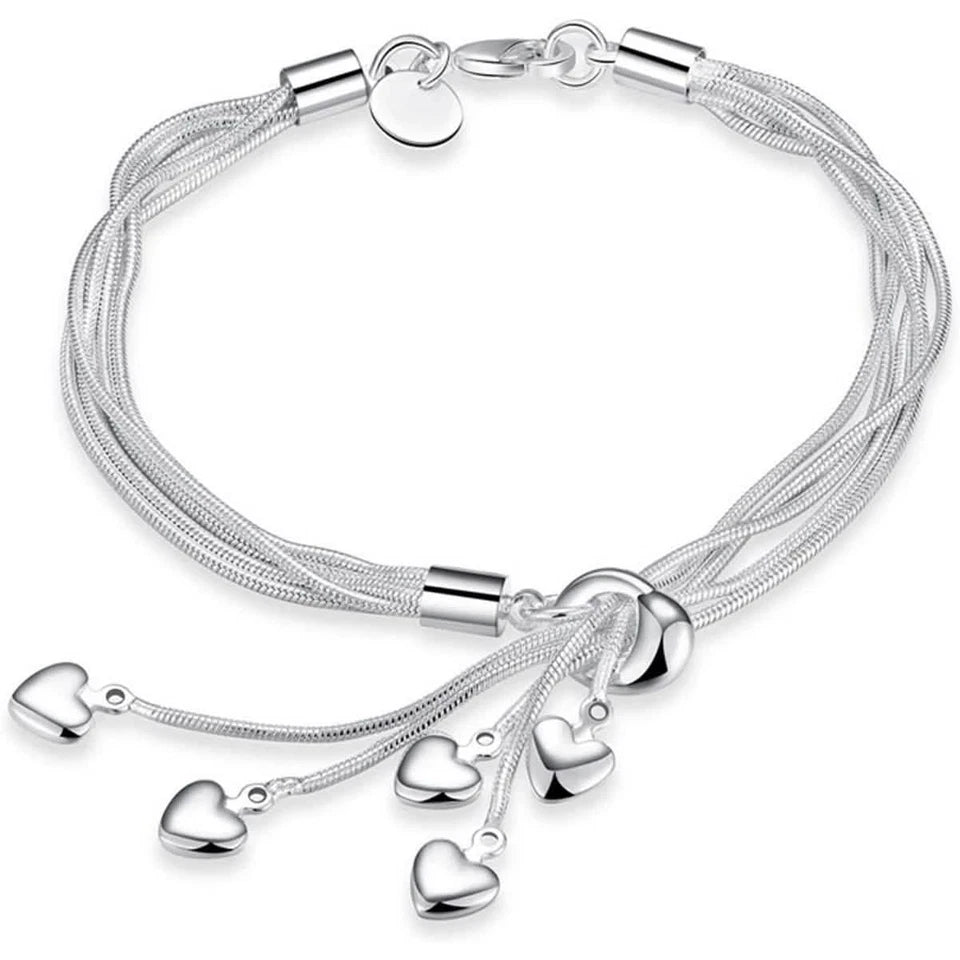 .925 Sterling Silver Five-Line Chain Bracelet with Five Heart Charms – Elegant Women's Love Bracelet Jewelry