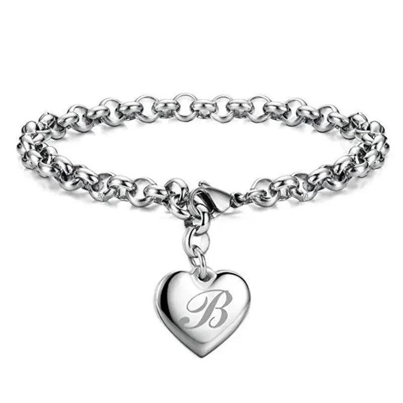 925 Sterling Silver A-Z Letter Charm Heart Bracelet for Women – Personalized Initial Name Jewelry Gift