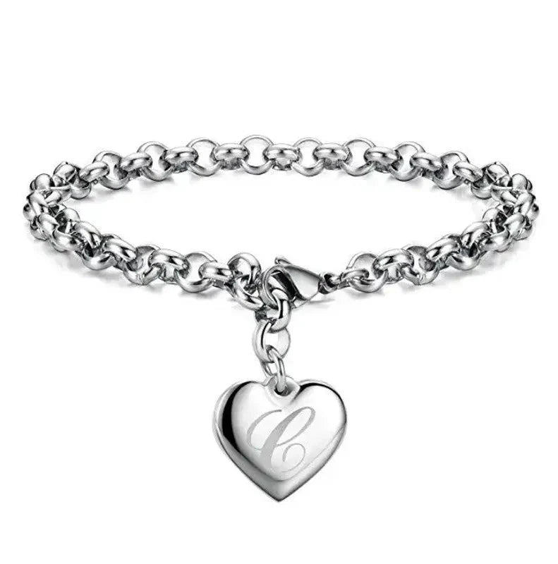 925 Sterling Silver A-Z Letter Charm Heart Bracelet for Women – Personalized Initial Name Jewelry Gift